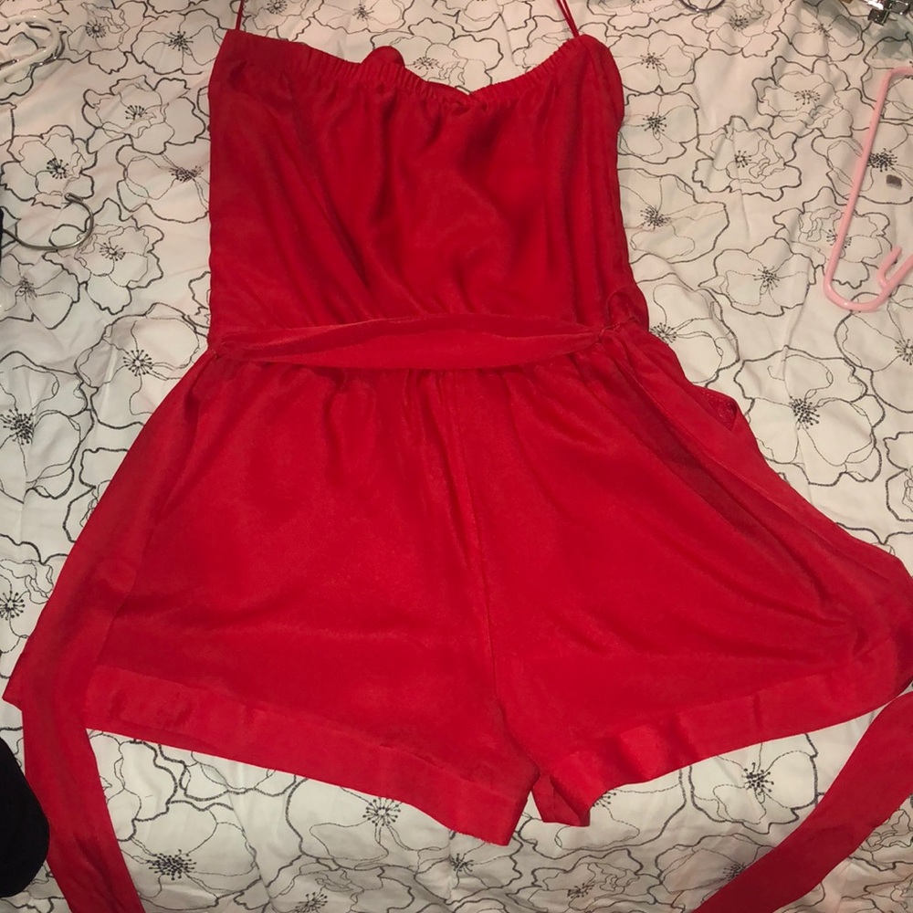 Express Strapless Red Romper With Detachable Sash - image 5